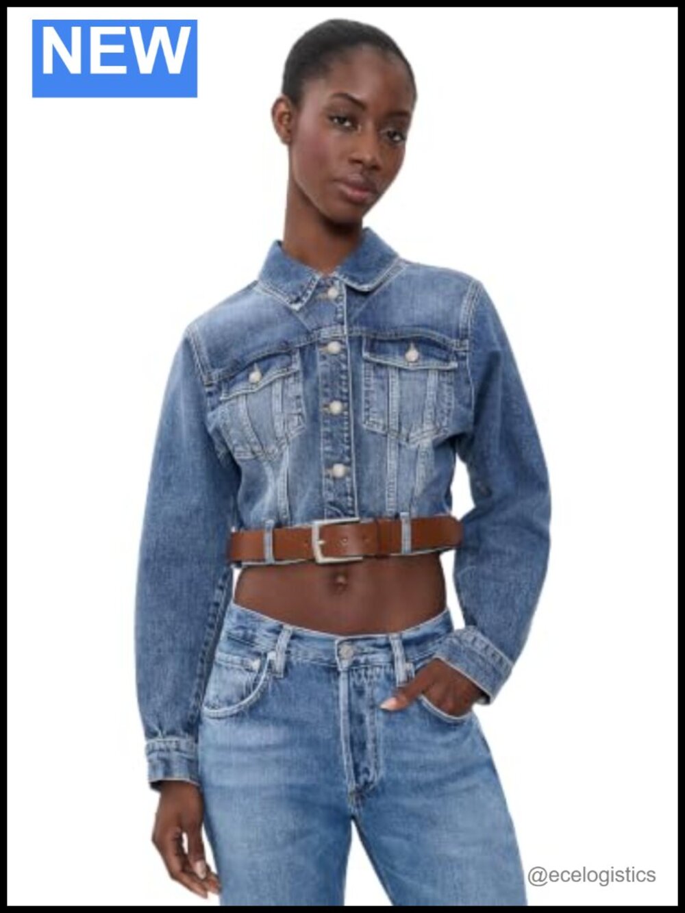 Cropped Belted Denim Jacket with Lantern Sleeves